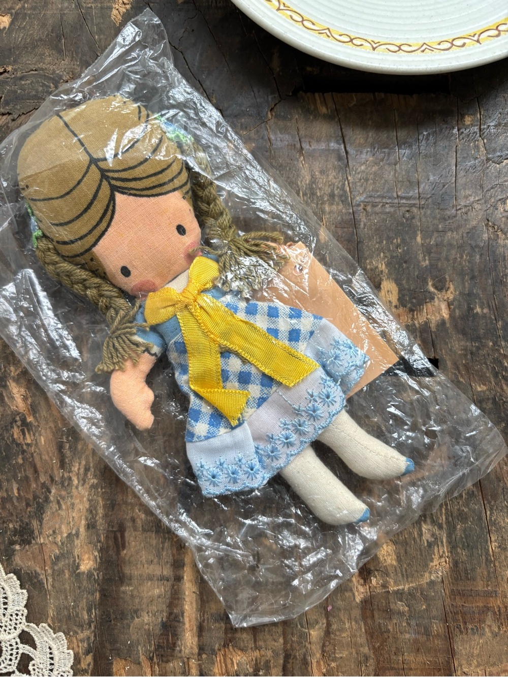 1975 Joan Walsh Wolfpit Blue Gingham Cloth Pocket Doll in original packaging